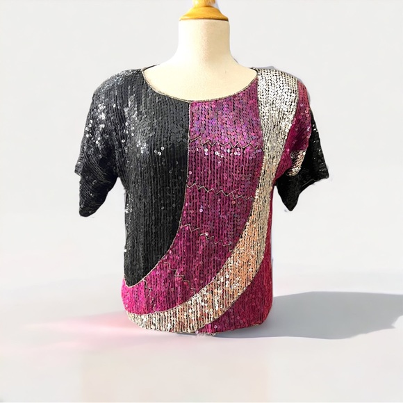 JLB Paris Hong Kong 100% Silk Fully Sequined Top 1980s Abstract Colorblo… - Picture 2 of 12